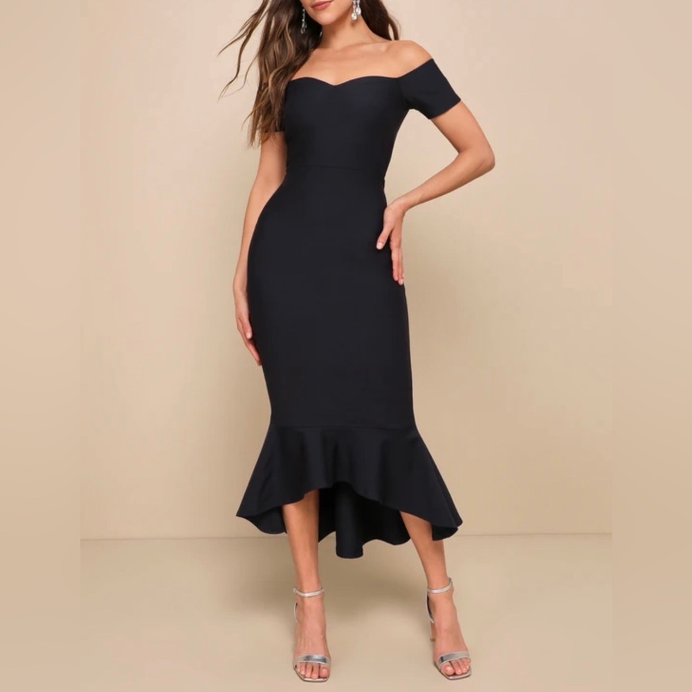 Lulu's Midnight Blue Off-the-Shoulder Midi Dress